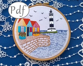 pdf pattern - "Ile d'Oleron" -  Lighthouse, sea and flowers hand embroidery pattern - stitching tutorial for beginner - Instant download