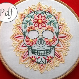 Sugar skull embroidery pattern pdf mexican skull design beginner needlework pattern instant download modern embroidery image 1