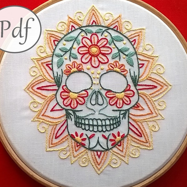 pdf motif de broderie traditionnelle - tête de mort mexicaine - motif de broderie téléchargeable - modèle de broderie moderne