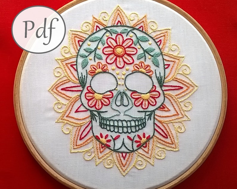 Sugar skull embroidery pattern pdf mexican skull design beginner needlework pattern instant download modern embroidery image 1