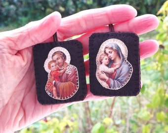 wool scapular with Virgin and Child and Saint Joseph - Brown scapular Made in France by Fileuse d'étoiles - baptism gift