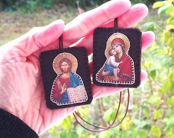 wool scapular with byzantine icons of Jesus and Mary- Brown scapular Made in France by Fileuse d'étoiles, confirmation gift