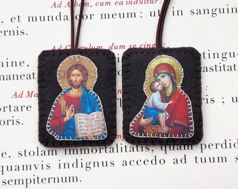wool scapular with byzantine icons of Jesus and Mary- Brown scapular Made in France by Fileuse d'étoiles, confirmation gift