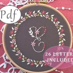 monogram embroidery pattern pdf  - initial with floral wreath - Complete Alphabet - letter needlepoint pattern download -nursery decor