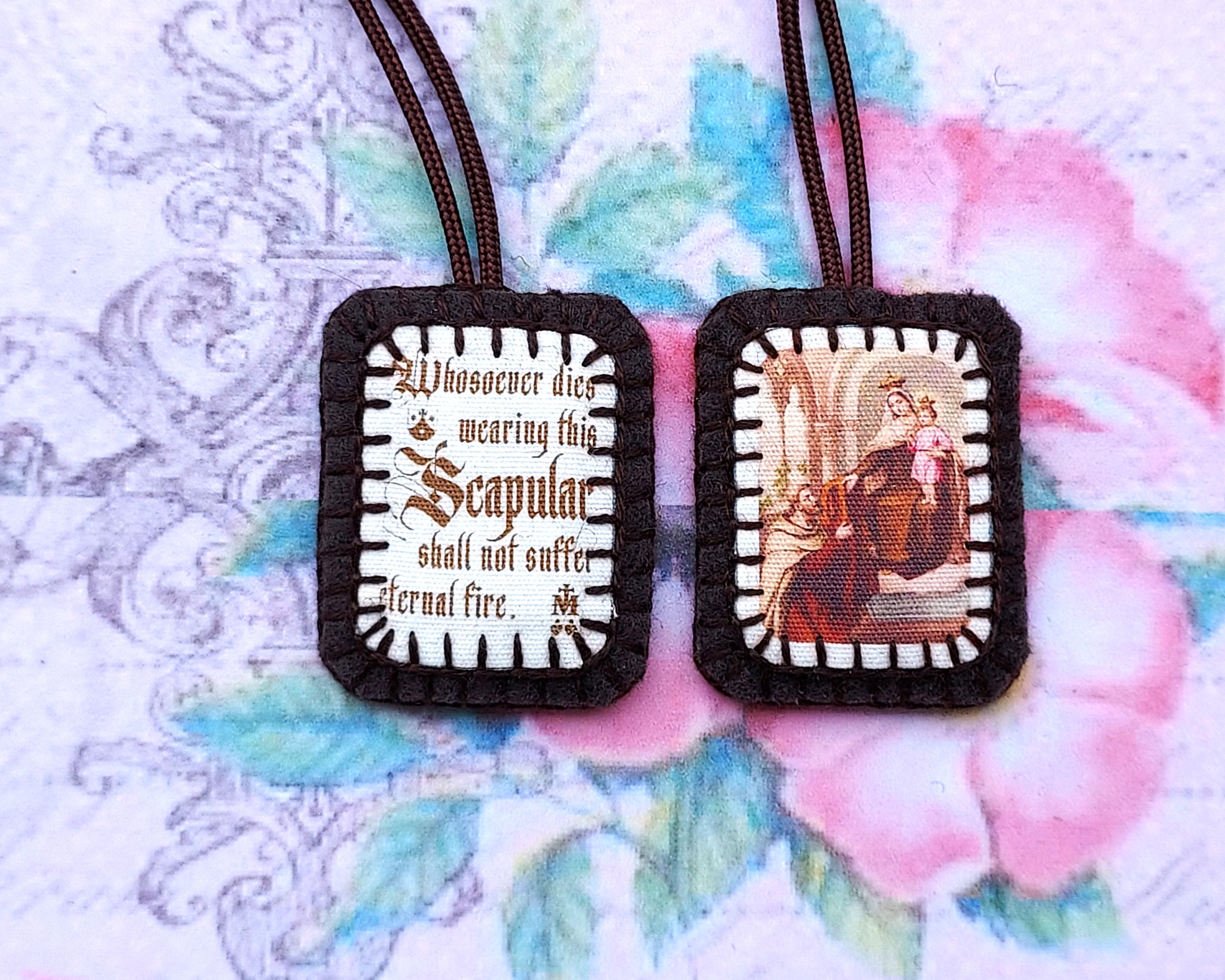 Brown Scapular With Our Lady of Mt. Carmel and Scapular Promise- Wool ...