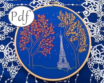 pdf Embroidery pattern and tutorial, Eiffel Tower and trees by night, DIY wall decor Paris