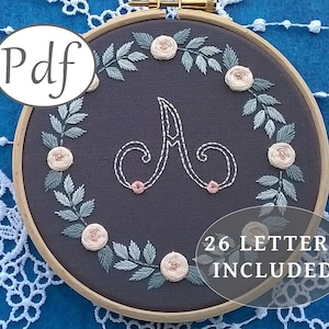 letter embroidery pattern pdf : monogram with floral wreath - Initial design with roses -  Complete alphabet - Needlework pattern download