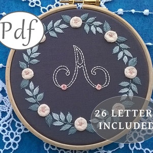 letter embroidery pattern pdf : monogram with floral wreath - Initial design with roses -  Complete alphabet - Needlework pattern download