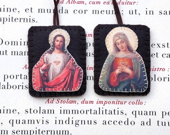 wool scapular with Sacred Heart of Jesus and Immaculate Heart of Mary - Brown scapular Made in France by Fileuse d'étoiles