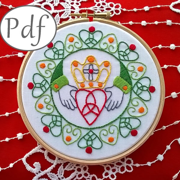 embroidery pattern pdf - Irish Claddagh - beginner needlepoint design - Celtic art embroidery - Saint Patrick embroidery