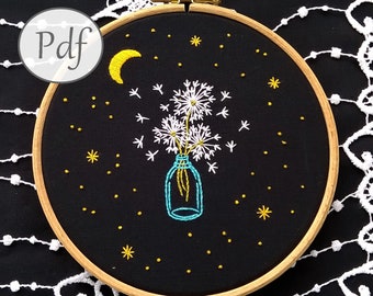 pdf pattern - hand embroidery cosmos and dandelion - modern embroidery pattern, dandelion stitching instant download, nursery wall decor