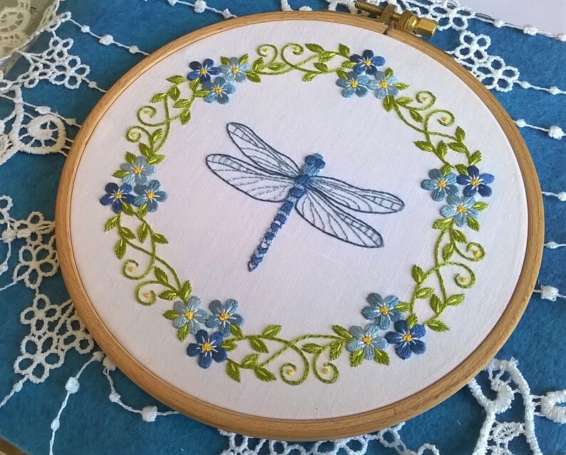 Insect embroidery pattern pdf Dragonfly and floral wreath Etsy