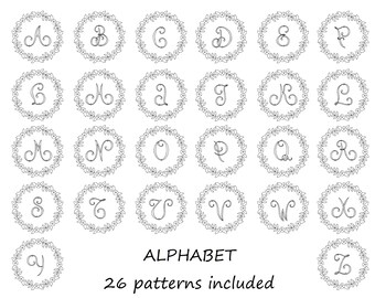 Hand Embroidery initial PDF, embroidery fonts : 26 monograms, alphabet with Floral Wreath, Beginner initial Needlework - embroidery letter