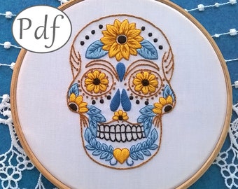 Sugar skull embroidery pattern pdf - mexican skull and sun flower design - needlework pattern instant download - modern embroidery