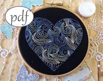 hand embroidery pattern pdf - blue heart - beginner needlepoint pattern instant download