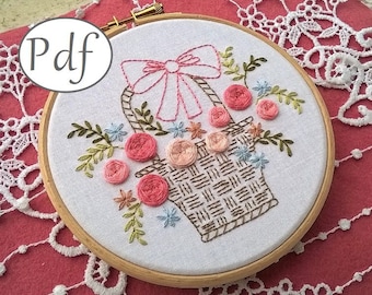 digital pdf pattern -  hand embroidery basket and roses – floral embroidery pattern instant download  - flowers needlework design