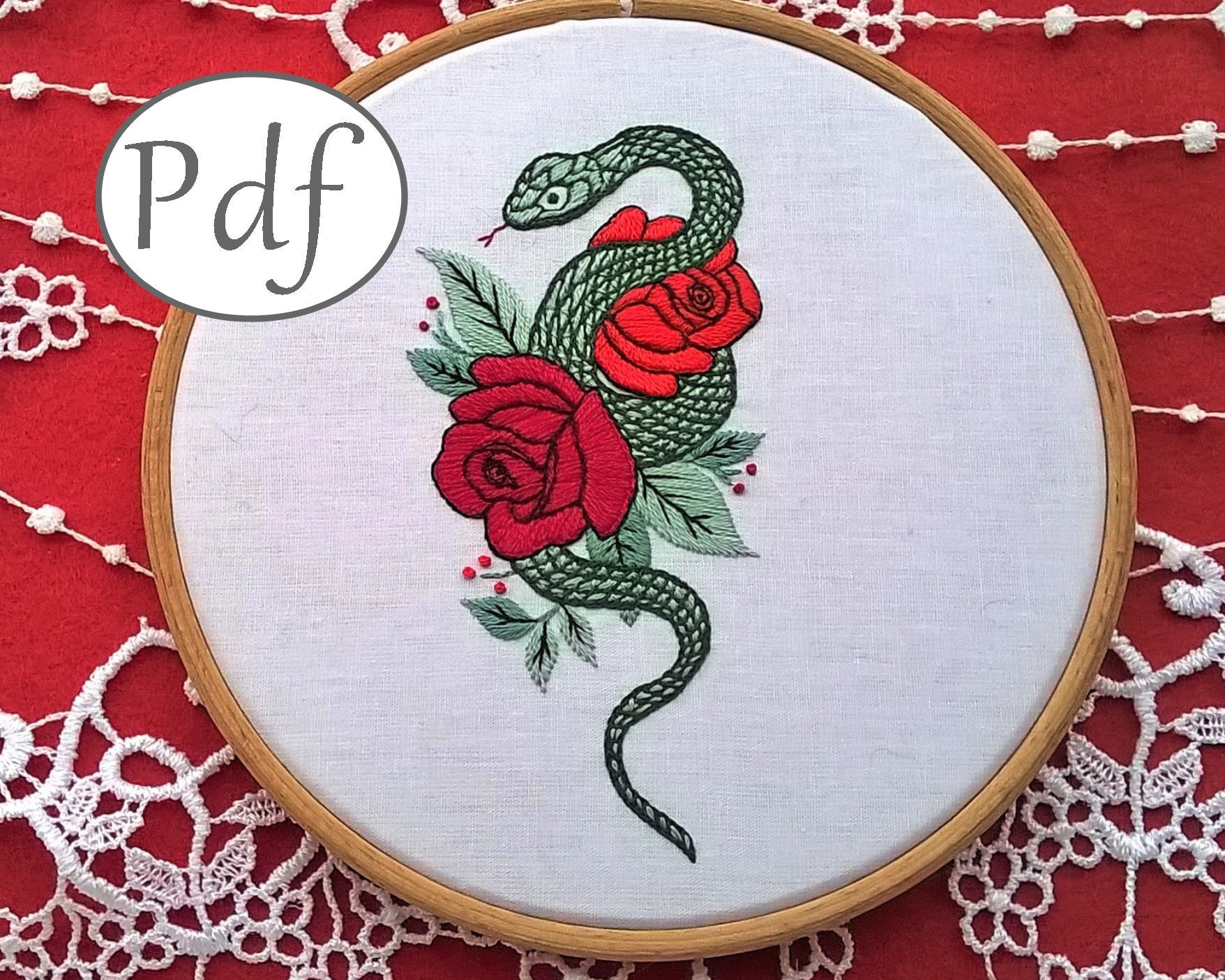 Modern Embroidery Pattern Pdf Snake and Roses Needlework - Etsy