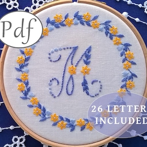 monogram embroidery pattern pdf  - initial with floral wreath -  Complete Alphabet - letter needlework pattern download - nursery decor