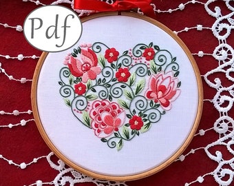 Heart embroidery pattern pdf - red flowers and heart design - floral embroidery pattern  - needlepoint pattern instant download