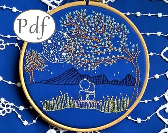 embroidery pattern pdf - loving moonlight - lovers under the moon and night sky design - beginner needlepoint pattern instant download