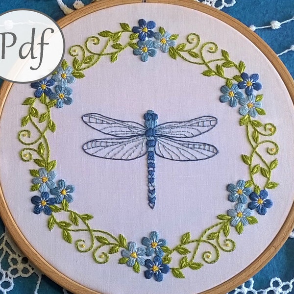 Hand embroidery pattern pdf - Dragonfly and floral wreath with forget-me-not - needlework pattern instant download - pdf pattern