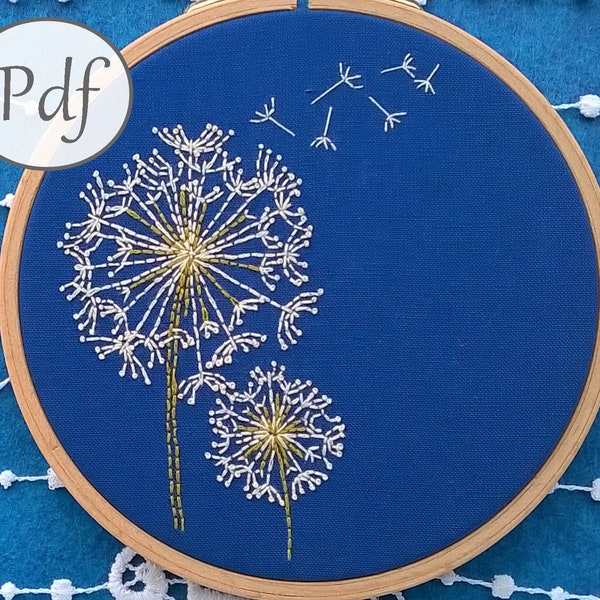 hand Embroidery pattern pdf, dandelion design, tutorial needlework digital download , DIY spring decor hoop art