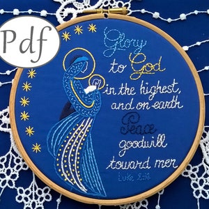 hand embroidery pattern pdf , Virgin and Child with bible verse &quot;glory to God&quot; - Needlepoint instant download pattern
