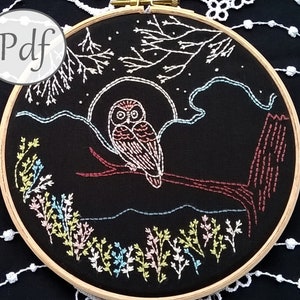 hand embroidery pattern pdf - little owl and moon - beginner needlepoint pattern instant download