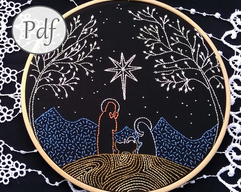 PDF Embroidery pattern Christmas decor nativity scene Hand Embroidery design Instant download needlepoint tutorial zdjęcie 1