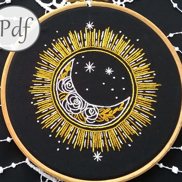 pdf pattern - sun and moon  hand embroidery pattern- sun and moon needlework instant download - beginner stitching pdf