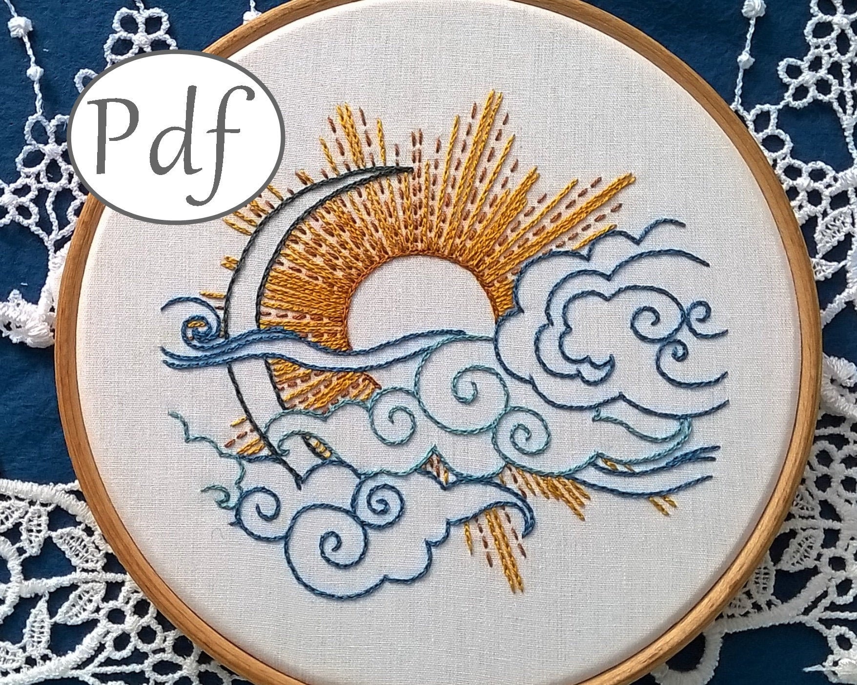 Hand Embroidery Pattern Pdf Sun and Moon Design Beginner Etsy