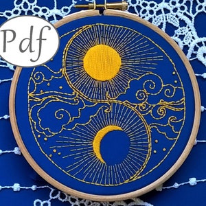 embroidery pattern pdf - sun and moon yin yang  - beginner embroidery pattern instant download