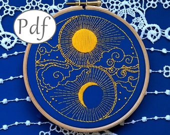 embroidery pattern pdf - sun and moon yin yang  - beginner embroidery pattern instant download