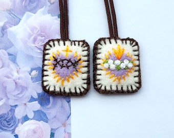 Miniature Hand embroidered brown scapular with Sacred Heart and Immaculate Heart - mini scapular for girl - communion gift