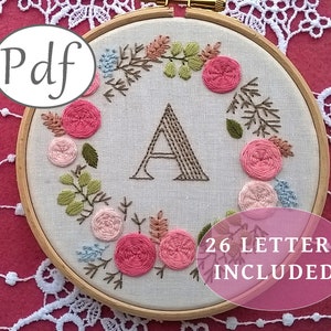 Initial embroidery pattern pdf : monogram with floral wreath - letter design with roses -  Complete alphabet - needlework instant download.