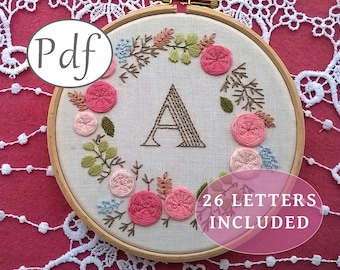 Initial embroidery pattern pdf : monogram with floral wreath - letter design with roses -  Complete alphabet - needlework instant download.