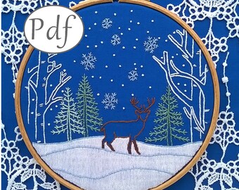 PDF Embroidery pattern - Christmas design with deer and snowflakes - starry night and deer - winter design - Instant download tutorial