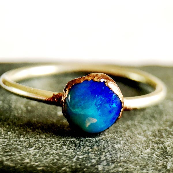 Solid, Natural Opal Ring, Lightning Ridge Opal Ring, hand cut, copper electroformed & silver opal ring. Ring size R, US size 8 3/4