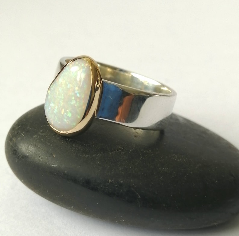 Australian Opal Ring Natural Opal Ring Solid Opal Gold and Silver Ring Modern Opal Ring US ring size 7 14 Opal Ring UK size N 12