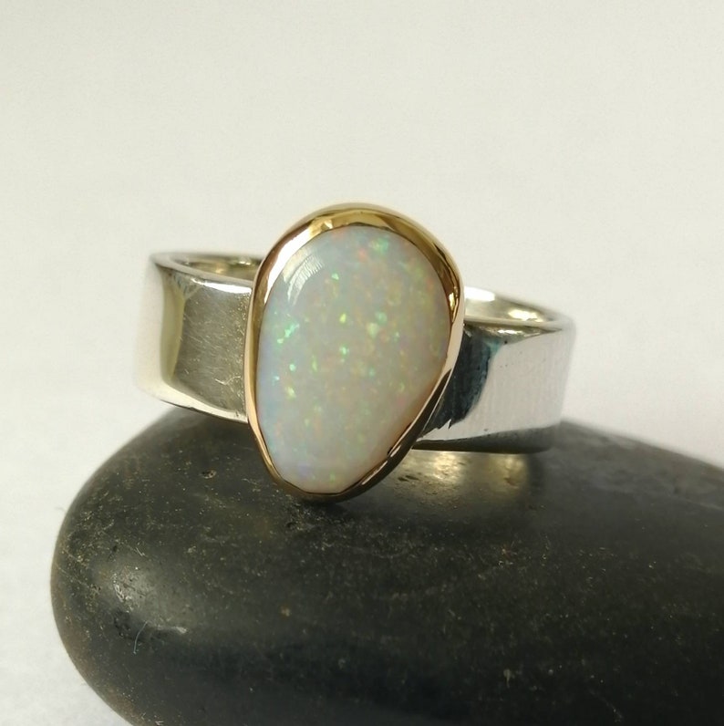 Australian Opal Ring Natural Opal Ring Solid Opal Gold and Silver Ring Modern Opal Ring US ring size 7 14 Opal Ring UK size N 12