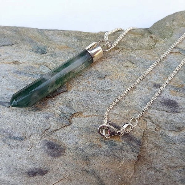 Green Moss Agate Necklace. Handcarved Gemstone. Gemstone Point Pendant. Sterling Silver, Unisex Pendant. UK seller.