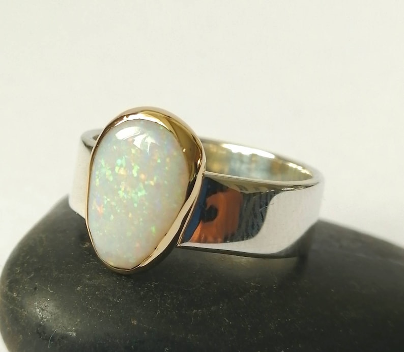 Australian Opal Ring Natural Opal Ring Solid Opal Gold and Silver Ring Modern Opal Ring US ring size 7 14 Opal Ring UK size N 12