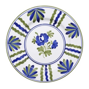 Blossom Dinner Plate Blue Green Floral Motif Cabana Handpainted Traditional Folk Art Ceramic Tableware Traditional Cottage Style Unique