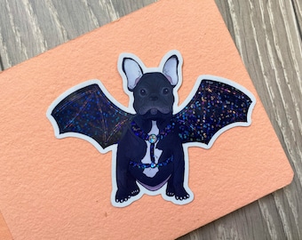 French Bulldog Bat - Pegatina de vinilo Glitter - Halloween