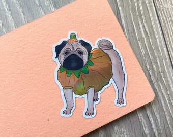 Pumpkin Pug - Pegatina de vinilo holográfica - Halloween