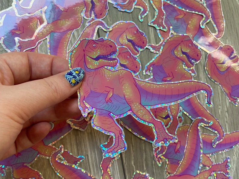 Colourful T-Rex Glitter Vinyl Sticker Dinosaurs image 3