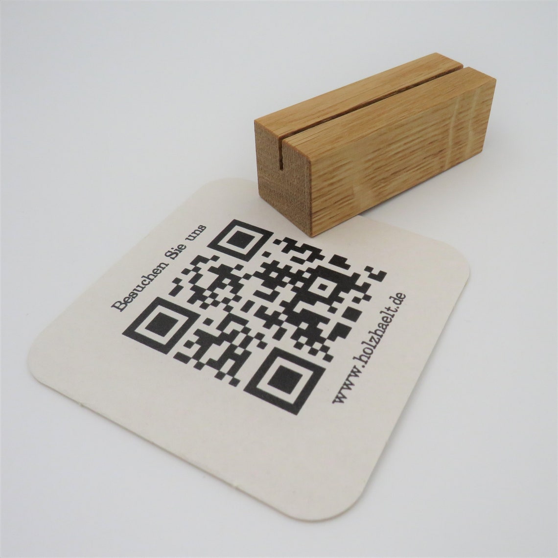 QR code beer mat stand with oak wooden base for checkin or Etsy