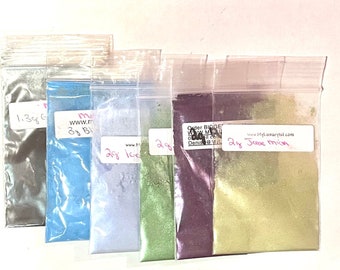 6 Pigment Powders Purple, Grey Silver, Icey Blue Mica, Jade, Avocado Micas + Matte Blue Neon Turquoise Color DIY Lip, Eye, Soap, Nail, Epoxy