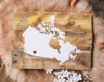 Canada Map Sign / Handpainted Reclaimed Pallet Wood Art / Custom Heart Location(s) / Canada Outline Housewarming Gift