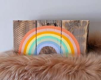 Multicolor Rainbow Sign / Handpainted on Reclaimed Pallet Wood / Pastel Colored Rainbow Art / Nursery Decor / LGBTQ / Mini Version